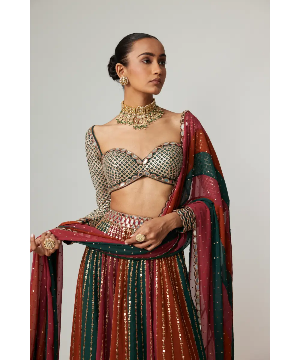 VVANI VATS - Cranberry Lehenga Pants with Sweetheart Neck Full Sleeve Blouse